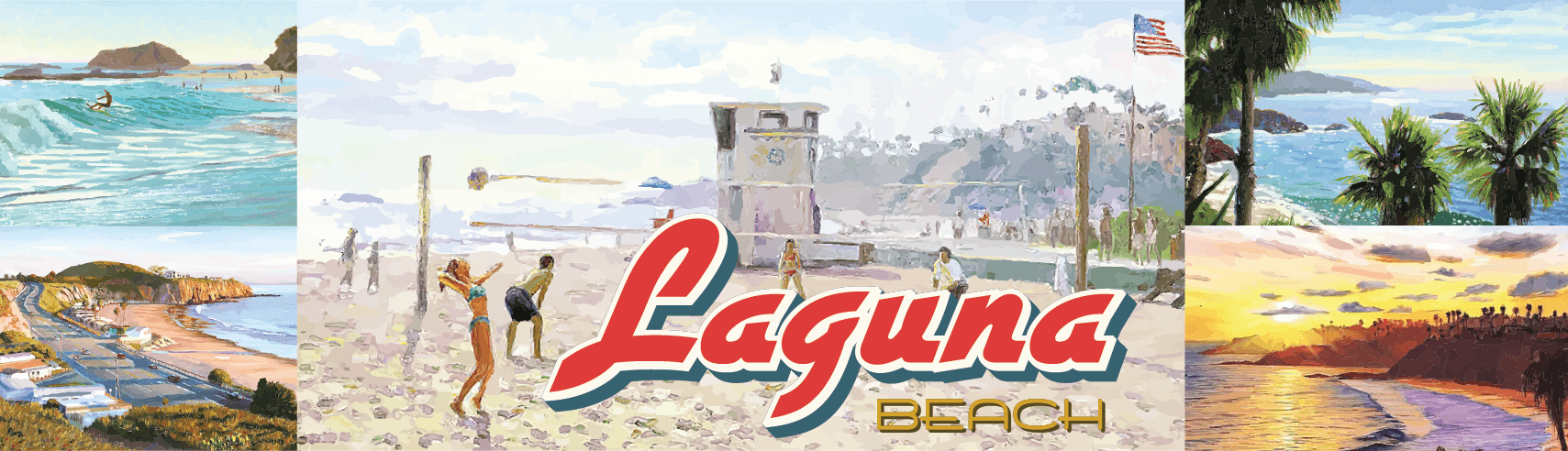 Vintage travel-poster collage of the Laguna Beach coast