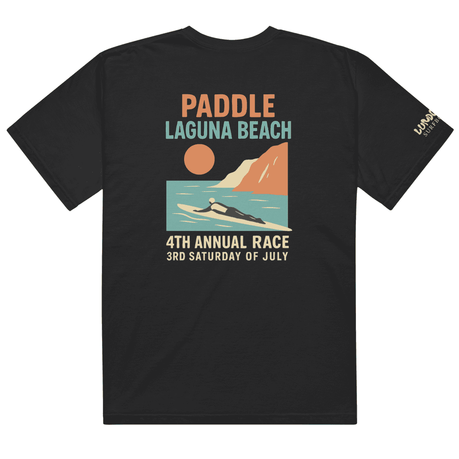 Paddle Laguna Beach 2026, the 4th Annual travel-poster print: coastline, sun, and a prone paddler